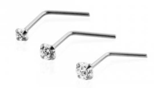 14kt White Gold L shaped Nose Stud 2mm Clear CZ